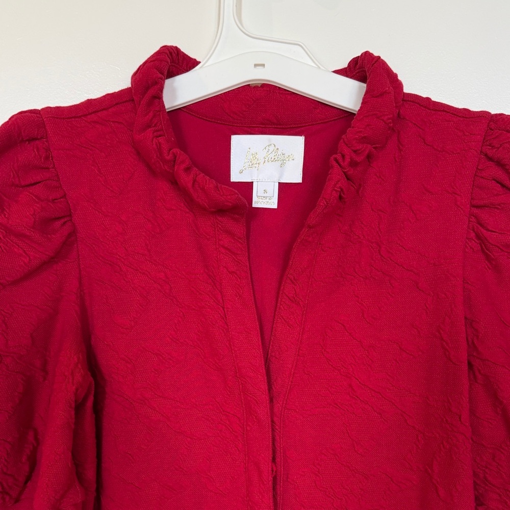 Lilly Pulitzer Textured Red Puff-Sleeve Dress with Ruffled Collar